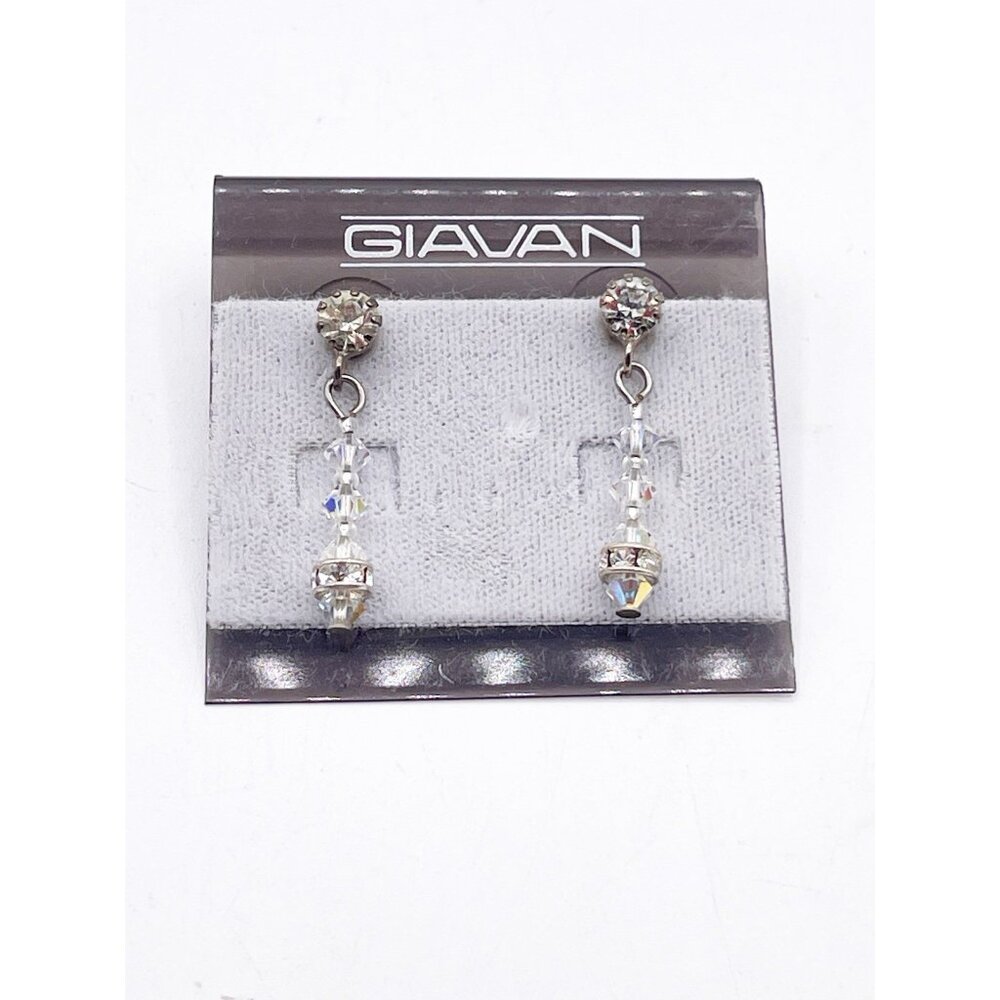 Vintage NOS GIAVAN Crystal Rhinestone Drop Earrings Bridal Prom Silver Tone